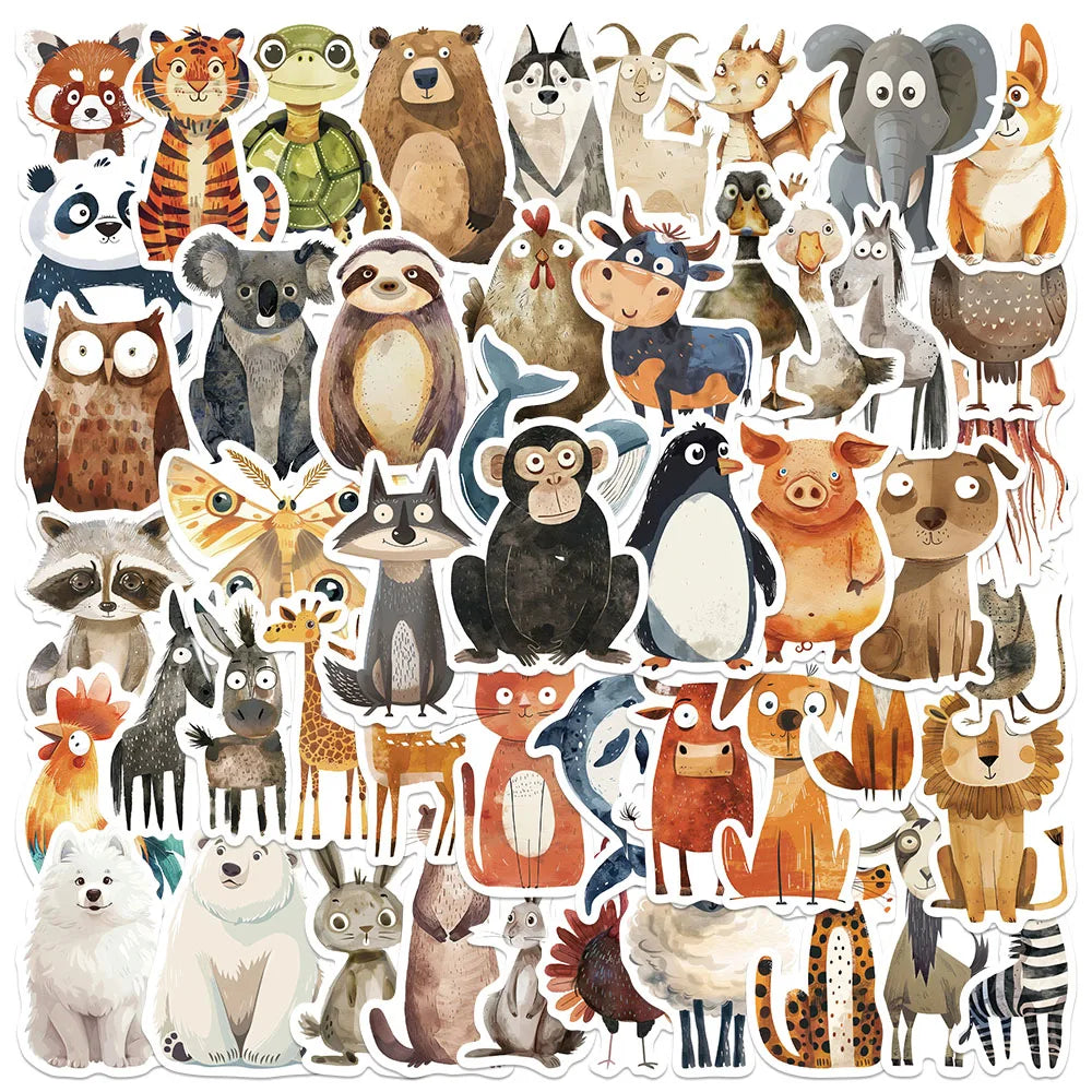 50pcs Cute Cartoon Watercolor Animals Stickers For Laptop Water Bottle Luggage Notebook Waterproof Graffiti Vinyl Decals (ONLINE ORDER ONLY)