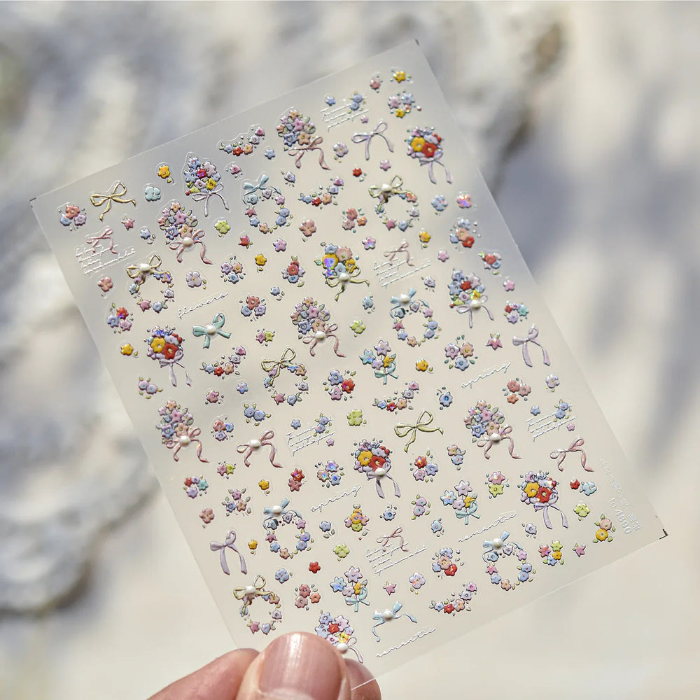 Cute Spring Flowers Purple Blue White Bowknot Rose Garden Daisy 5D Soft Embossed Relief Adhesive Nail Art Sticker Manicure Decal (ONLINE ORDER ONLY)
