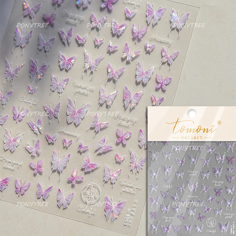 Shiny Butterfly White Pink Purple Romantic Animals Retro Photo Frame Chic Delicate Adhesive Nail Art Stickers 5D Manicure Decals (ONLINE ORDER ONLY)