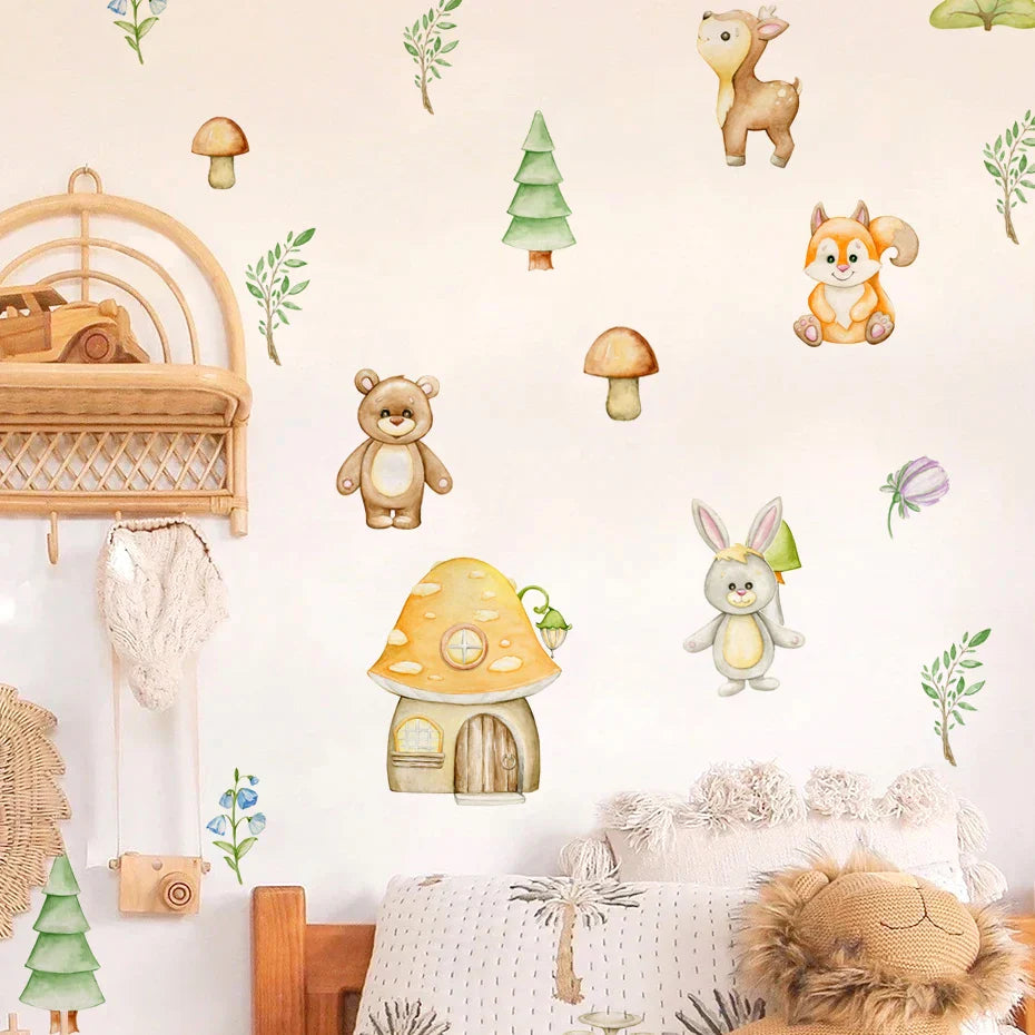 Cartoon Animal Wall Stickers: Rabbits, Bears, Trees Nursery Vinyl Decals for Kids Room Decor (ONLINE ORDER ONLY)