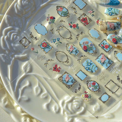 Chic Retro Rose Photo Frame Dried Flower Petal Self Adhesive Nail Art Stickers 5D Hot Stamping Relief Rhinestone Manicure Decals (Online Order Only)