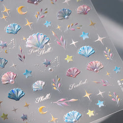 Romantic Pink Blue Shell Sea Grass Star Moon Summer Self Adhesive Nail Art Stickers Leaves Reliefs Manicure Decals Wholesale (ONLINE ORDER ONLY)