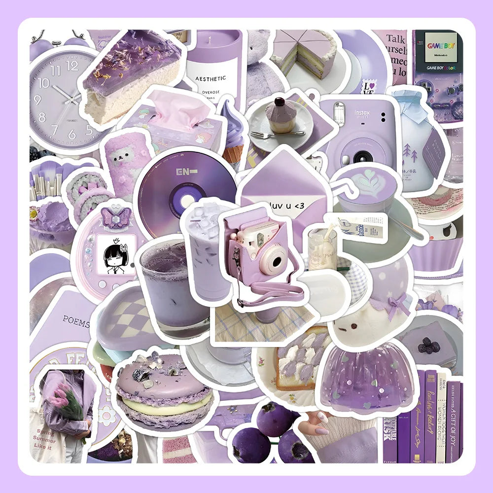10/30/60PCS Ins Cartoon Purple Stickers Aesthetic Cute Korean Style Cartoon Decals Toys DIY Phone Fridge Laptop Guitar Wall Car (ONLINE ORDER ONLY)