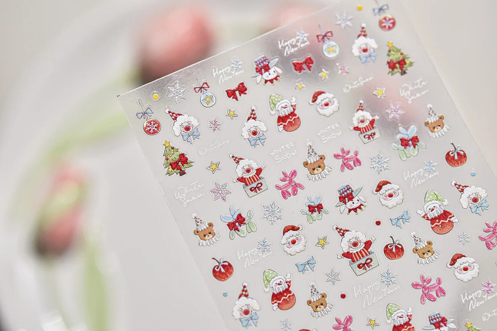 Apple Bear Bunny Snowman Winter Tree Bell Dog Self Adhesive Nail Art Stickers Snowflake Santa Claus Rhinestone Manicure Decals (ONLINE ORDER ONLY)