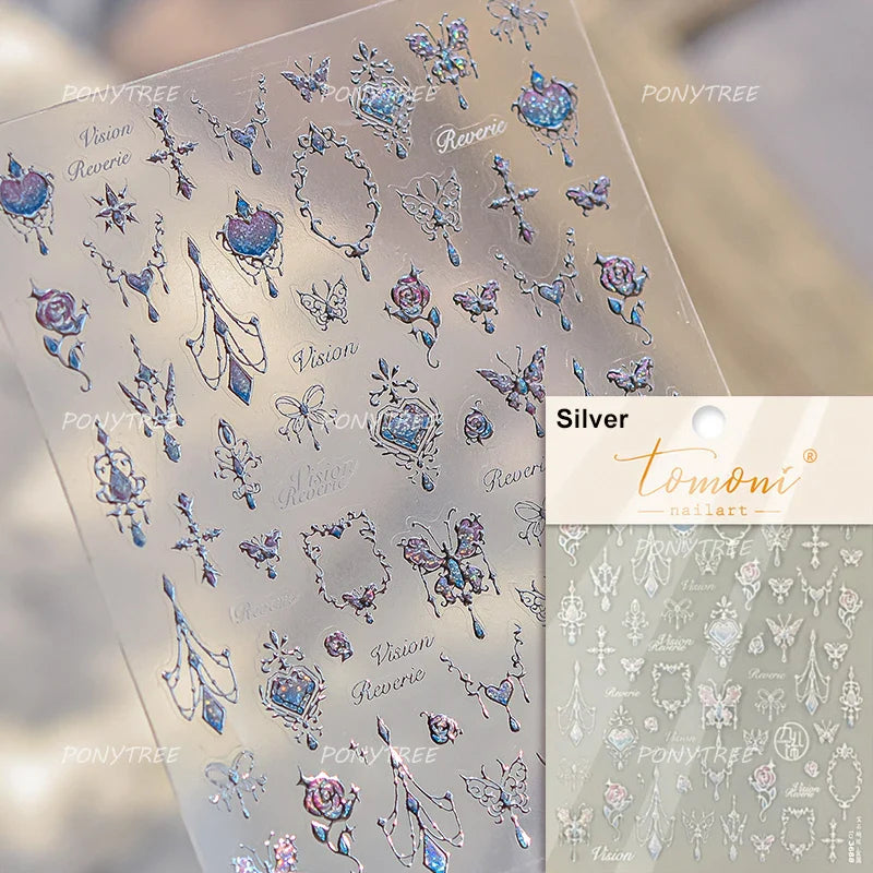 Shiny Butterfly White Pink Purple Romantic Animals Retro Photo Frame Chic Delicate Adhesive Nail Art Stickers 5D Manicure Decals (ONLINE ORDER ONLY)
