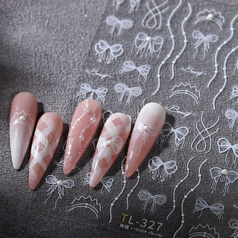 White Pearl Various Bowknot Line Tassel Tender Ribbon Arc Charming Self Adhesive Nail Art Decorations Stickers Manicure Decals (ONLINE ORDER ONLY)