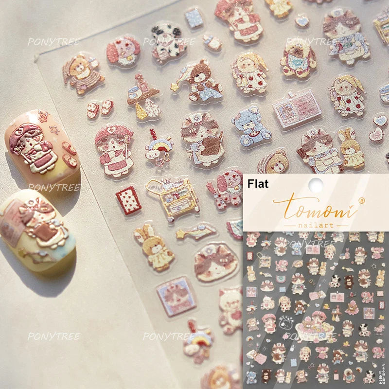 Picnic Cat Kitten Bowknot Flower Fish Butterfly Tree Mushroom Star Moon Cat's Paw Adhesive Nail Art Sticker Cute Manicure Decals (Online Order Only)
