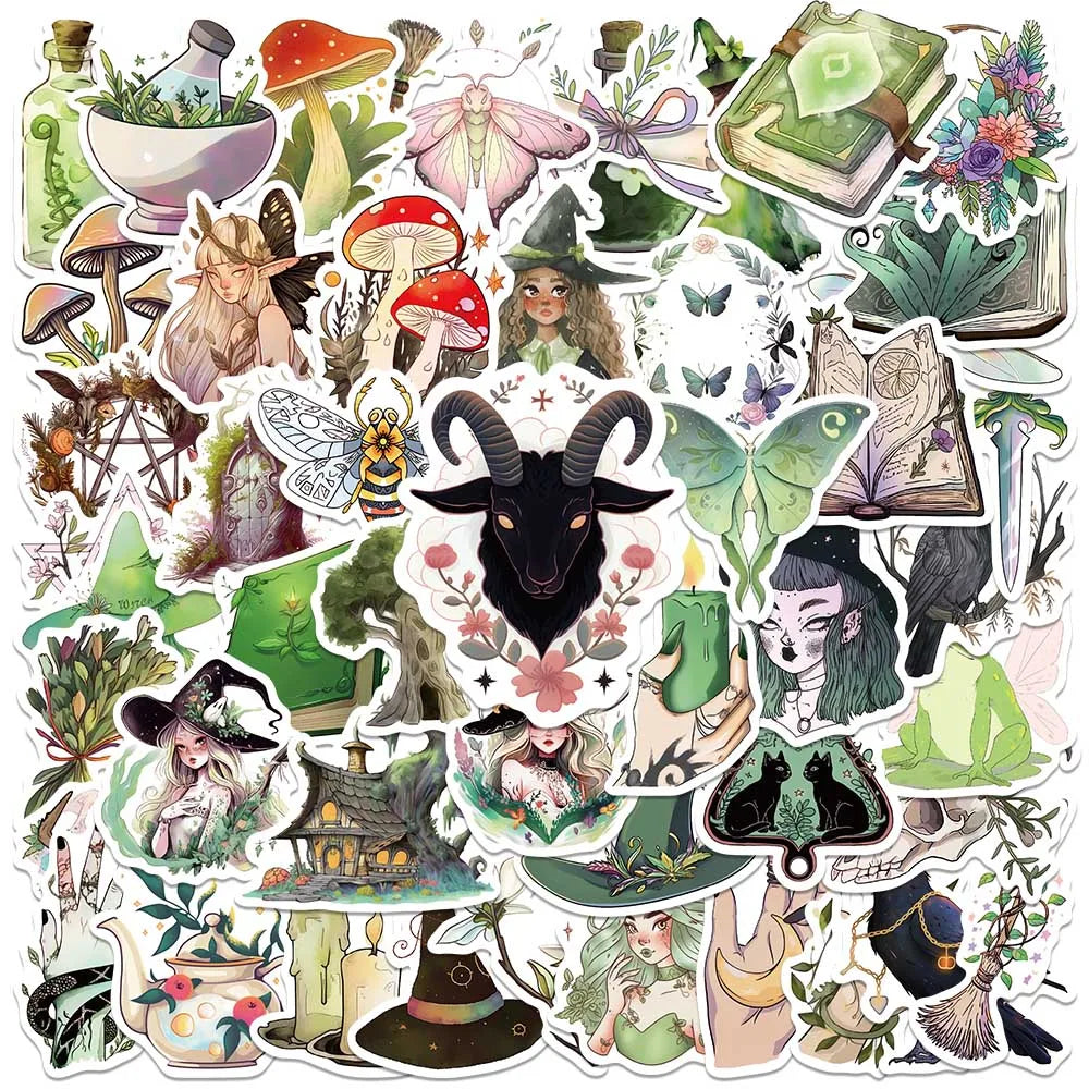 50PCS Green Witch Goth Anime Stickers Waterproof for Phone Skateboard Laptop (ONLINE ORDER ONLY)