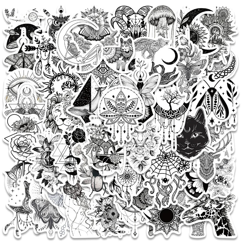 50pcs Black White Psychedelic Gothic Stickers Pack Stationery Laptop Phone Guitar Ipad Sticker DIY Scrapbooking Supplies (ONLINE ORDER ONLY)