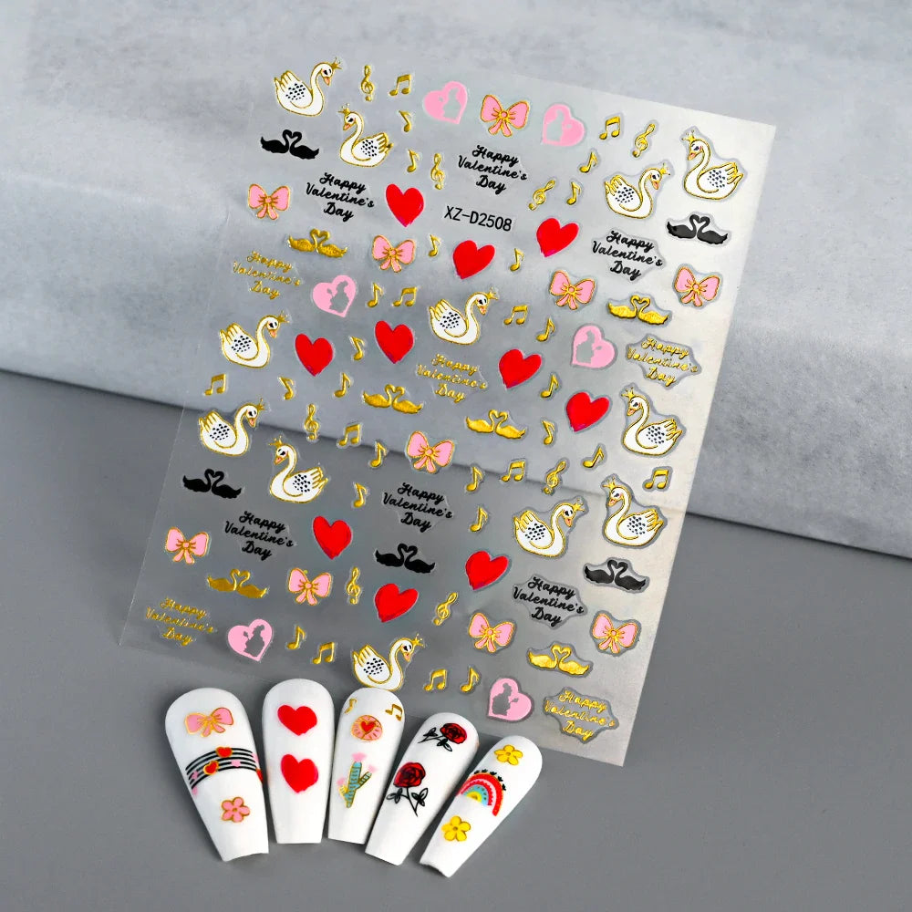 1PC Holographic Laser Heart Nail Stickers-3D Self-Adhesive Golden White Valentines Day Nail Decals For Women Nail Art Decoration (ONLINE ORDER ONLY)