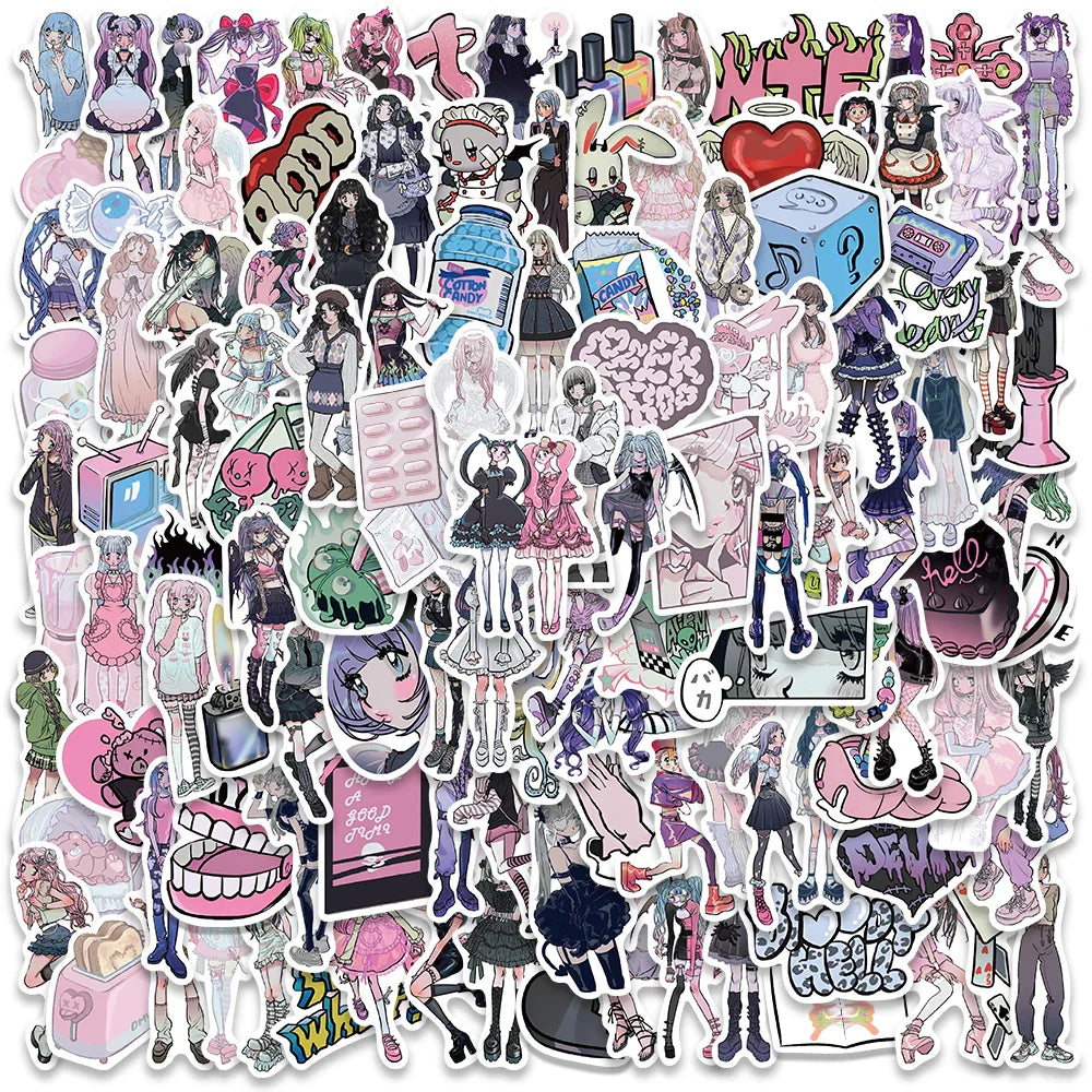 60PCS Pink Kawaii Y2K Gothic Anime Stickers Cute Aesthetic Decals for Phone Laptop Car (Online Order Only)