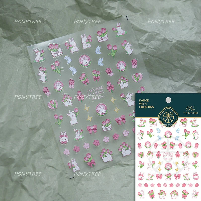 Dreamy White Lace Bowknot Purple Pink Gradual Tulip Flower Butterfly Garden Relief Adhesive Nail Art Stickers Manicure Decals (Online Order Only)