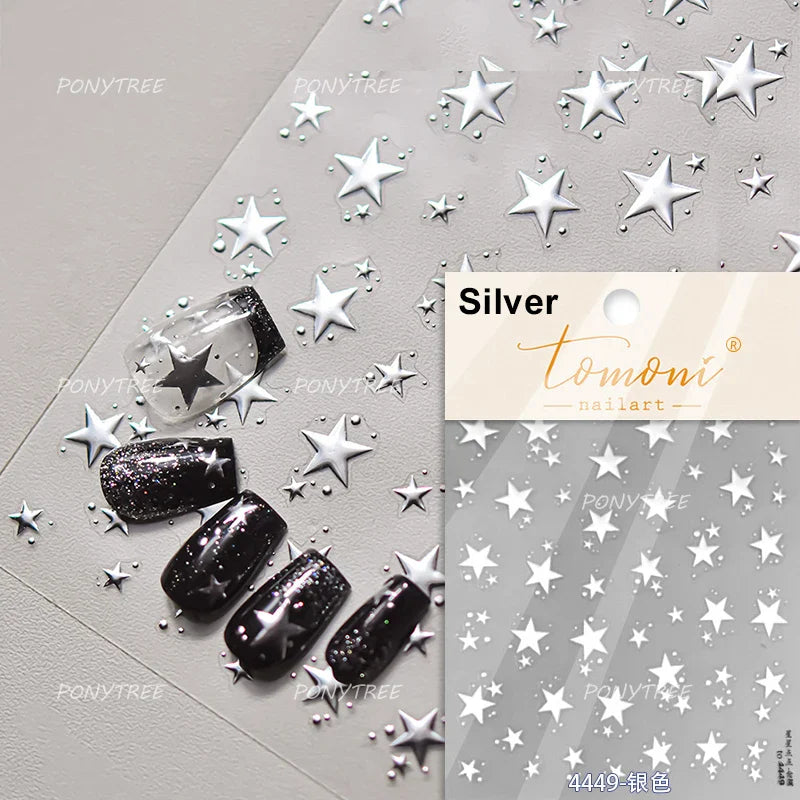 Punk Star Shiny Laser Five-pointed Star White Black Pink Hollow Out Delicate Sparkle Adhesive Nail Art Stickers Manicure Decals (ONLINE ORDER ONLY)