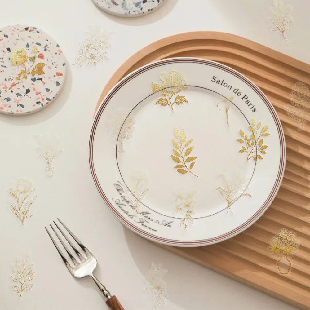 10/30/50PCS Transparent Stickers Golden Graffiti Decoration Plant DIY Sticker Aesthetics Toy Laptop Phone Guitar Car Bike Decals (ONLINE ORDER ONLY)