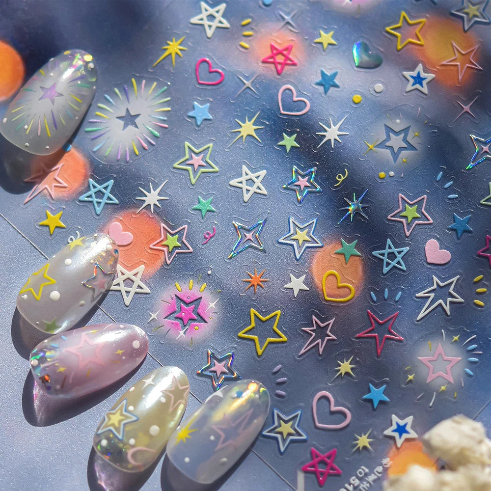 Colorful Starry Light Starburst Love Heart Halo Dyeing Soft Reliefs Self Adhesive Nail Art Decoration Stickers Manicure Decals (ONLINE ORDER ONLY)