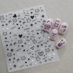 1Pc 3D Cute Black Silver Smile Dog Decals Y2K Cartoon Cat Footprint Nail Stickers Graffiti Star Heart DIY Manicure Slider Decor* (ONLINE ORDER ONLY)