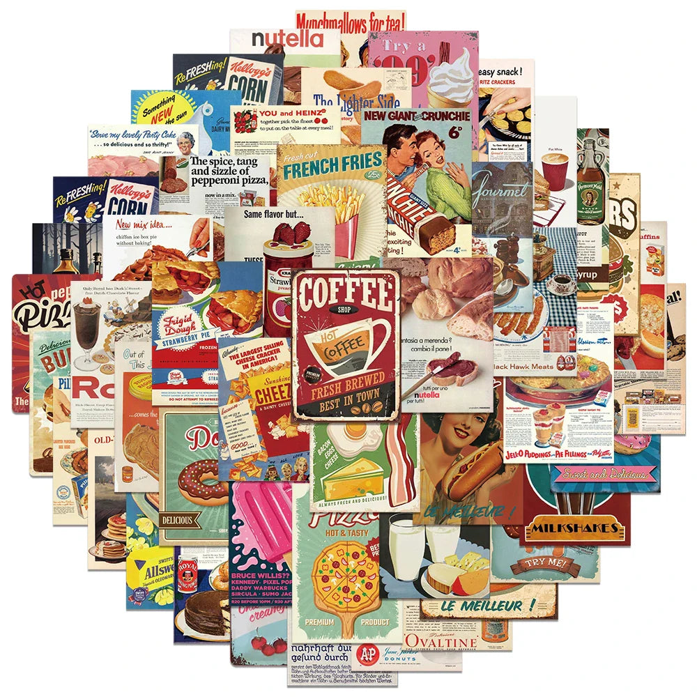 50pcs Vintage Food Sticker Donut Cake Burger Coffee Aesthetic Stickers Luggage Laptop Guitar Phone Waterproof Vinyl Decals (Online Order Only)