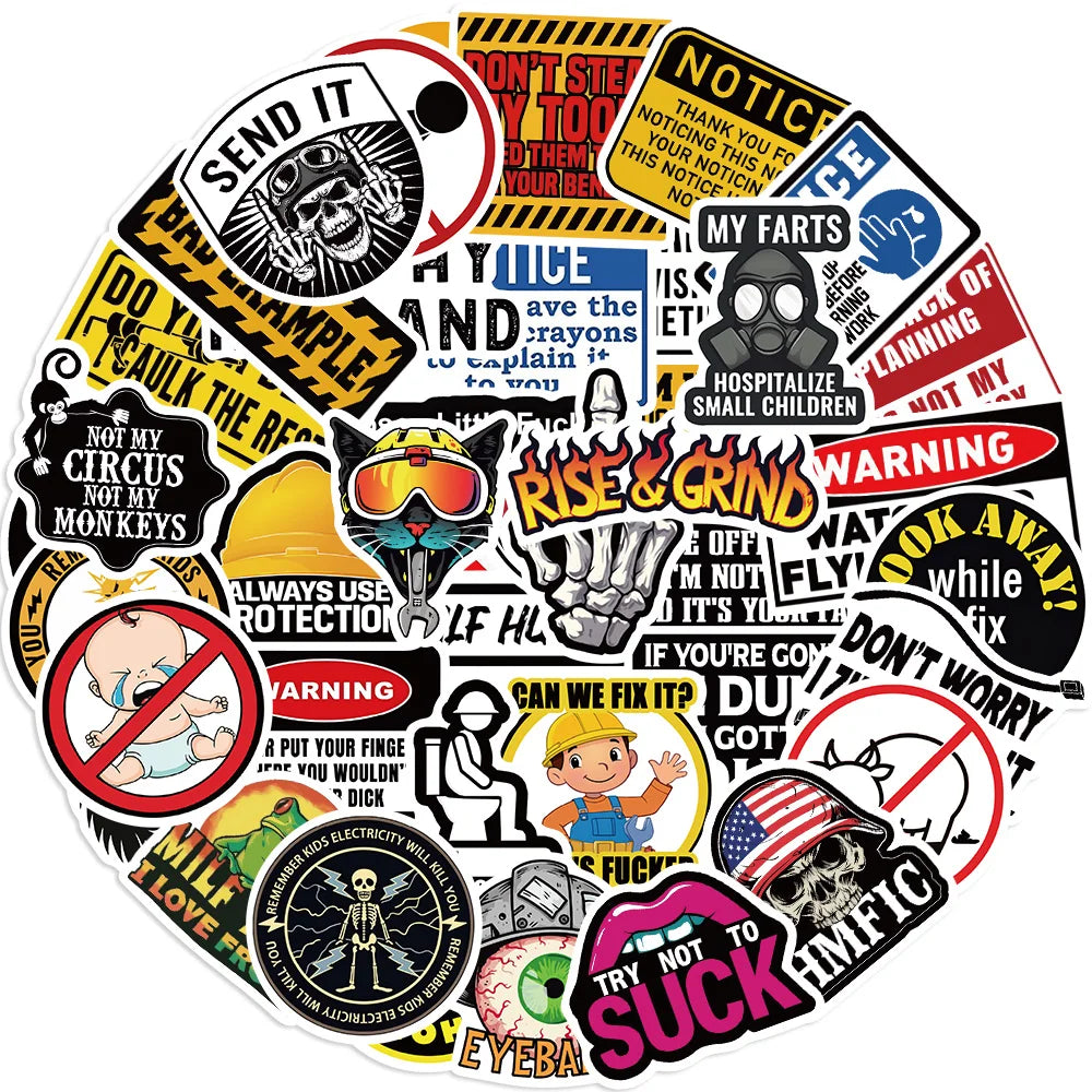 50PCS Hard Hat Stickers Funny Construction Sticker Pack Vinyl Waterproof Tool Box Electrician Worker Helmet Decors (Online Order Only)