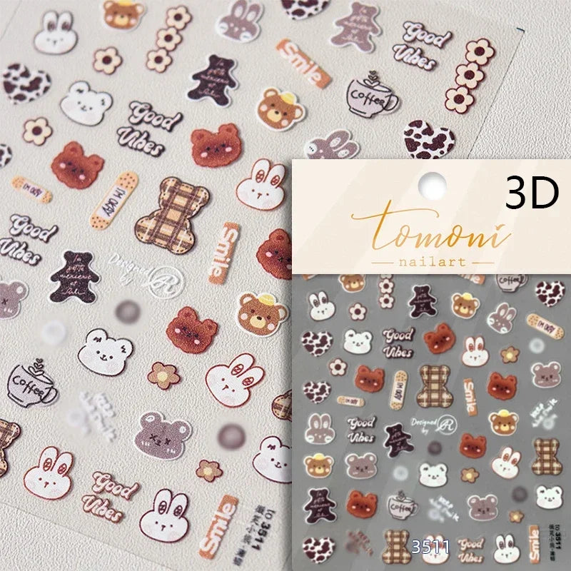 Retro Love Heart White Lace flower Bowknot Tie Pink Bear Flower Strawberry Adhesive Nail Art Stickers Rhinestone Manicure Decals (ONLINE ORDER ONLY)