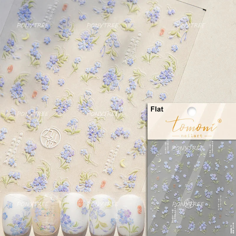 Cute Spring Flowers Purple Blue White Bowknot Rose Garden Daisy 5D Soft Embossed Relief Adhesive Nail Art Sticker Manicure Decal (ONLINE ORDER ONLY)