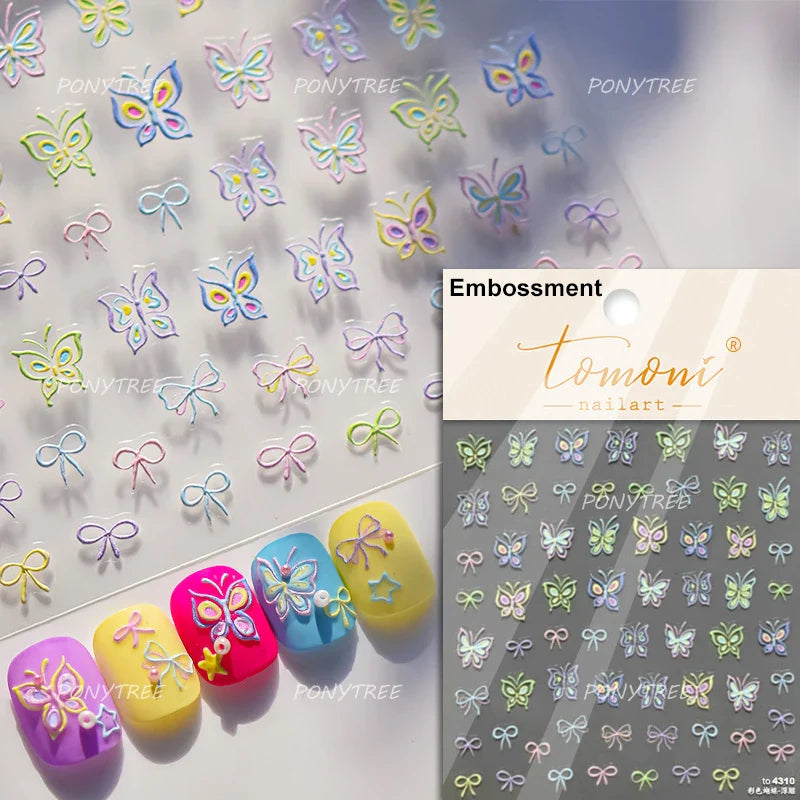 Charming Pink Purple Embroidery Gradual Butterfly Flowers Green Leaf 5D Tender Self Adhesive Nail Art Stickers Manicure Decals (ONLINE ORDER ONLY)