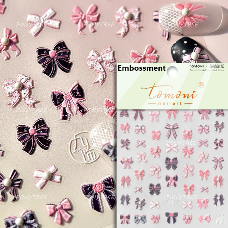 Chic Red Bowknot Silk Ribbon Pearl Elegant Line Self Adhesive Nail Art Stickers Dressy Rhinestone Manicure Decals Nail Supplies (Online Order Only)