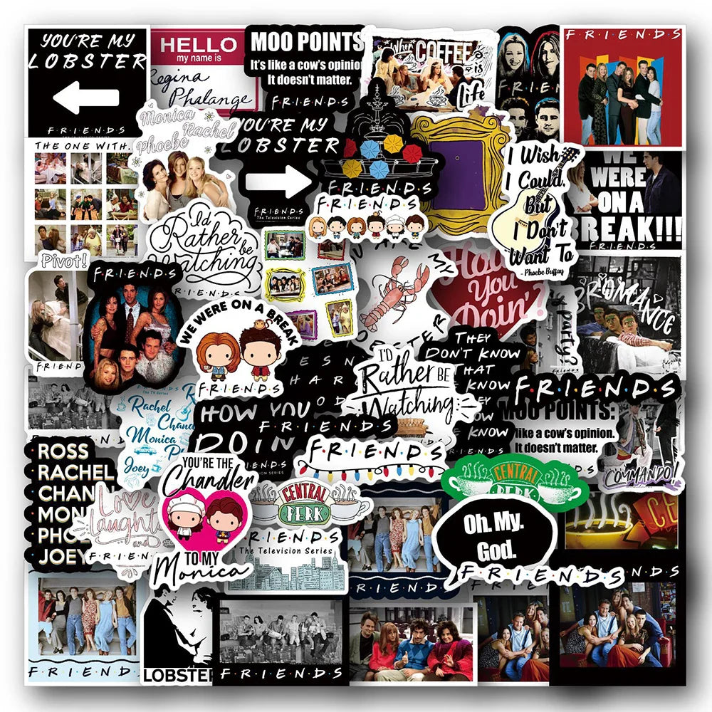 10/30/50PCS Friends TV Show Stickers Vintage Cartoon Decals Toys DIY Scrapbooking Phone Laptop Guitar Bike Stickers Kids Gifts (ONLINE ORDER ONLY)