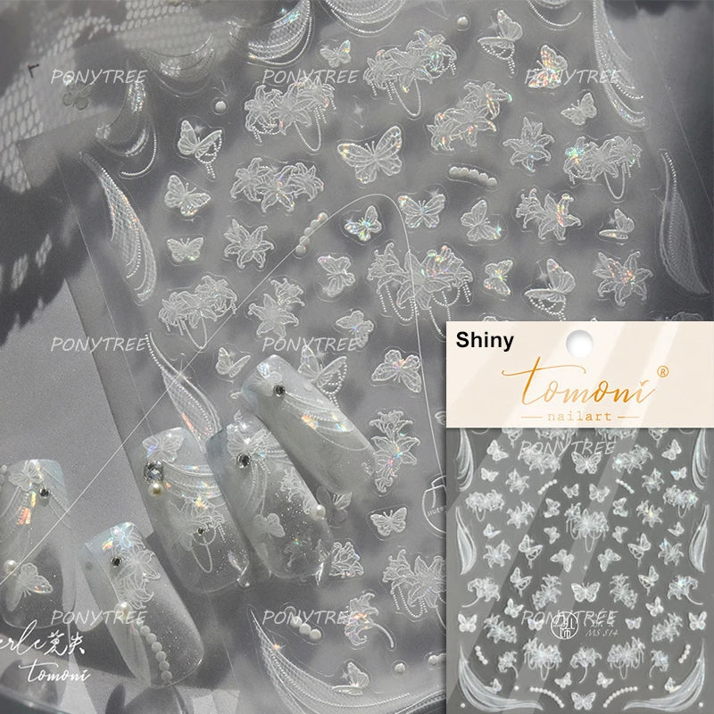 Dreamy Lace Rose Flower Fabric Art Tender Gauze Gird Pearl Pendant Irregular Pattern Nail Art Stickers Decoration Manicure Decal (ONLINE ORDER ONLY)