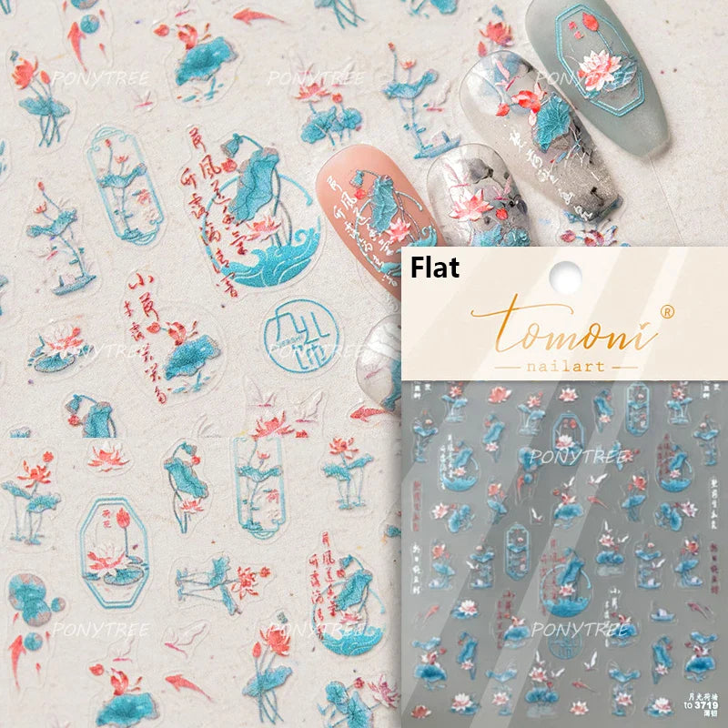 Orchid Daisy Chrysanthemum Peach Blossom Lotus Flower Vase Floral Art Fan Wintersweet Adhesive Nail Art Stickers Manicure Decals (Online Order Only)