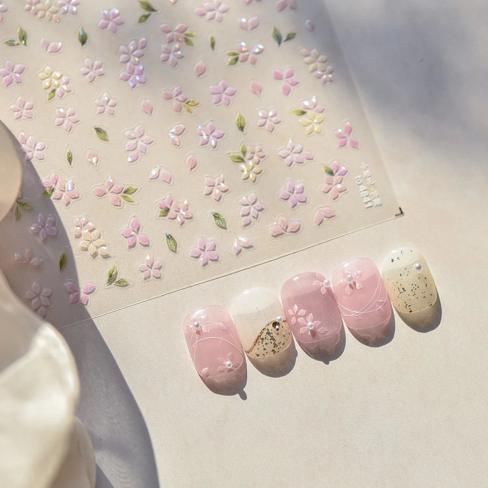 Pink Cherry Blossoms Peach Flower Petal Green Leaf Greenery 5D Embossed Relief Self Adhesive Nail Art Sticker 3D Manicure Decals (ONLINE ORDER ONLY)