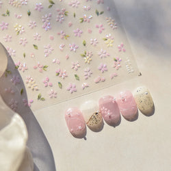 Pink Cherry Blossoms Peach Flower Petal Green Leaf Greenery 5D Embossed Relief Self Adhesive Nail Art Sticker 3D Manicure Decals (ONLINE ORDER ONLY)