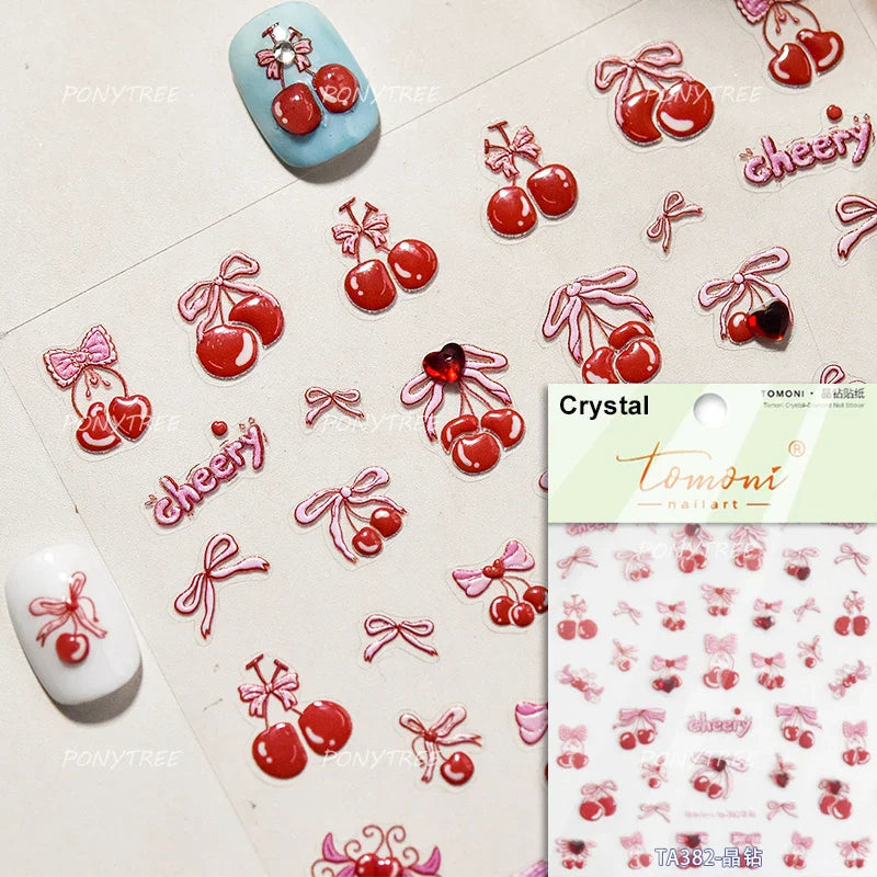Lovely Green Pink Cherry Pudding Claw Paw Love Heart Bowknot Soft Embossed Reliefs Adhesive Nail Art Stickers Manicure Decals (ONLINE ORDER ONLY)