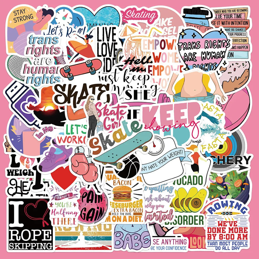 50pcs Sports Fitness Graffiti Stickers for Helmet, Wall, DIY Decoration Wholesale (ONLINE ORDER ONLY)