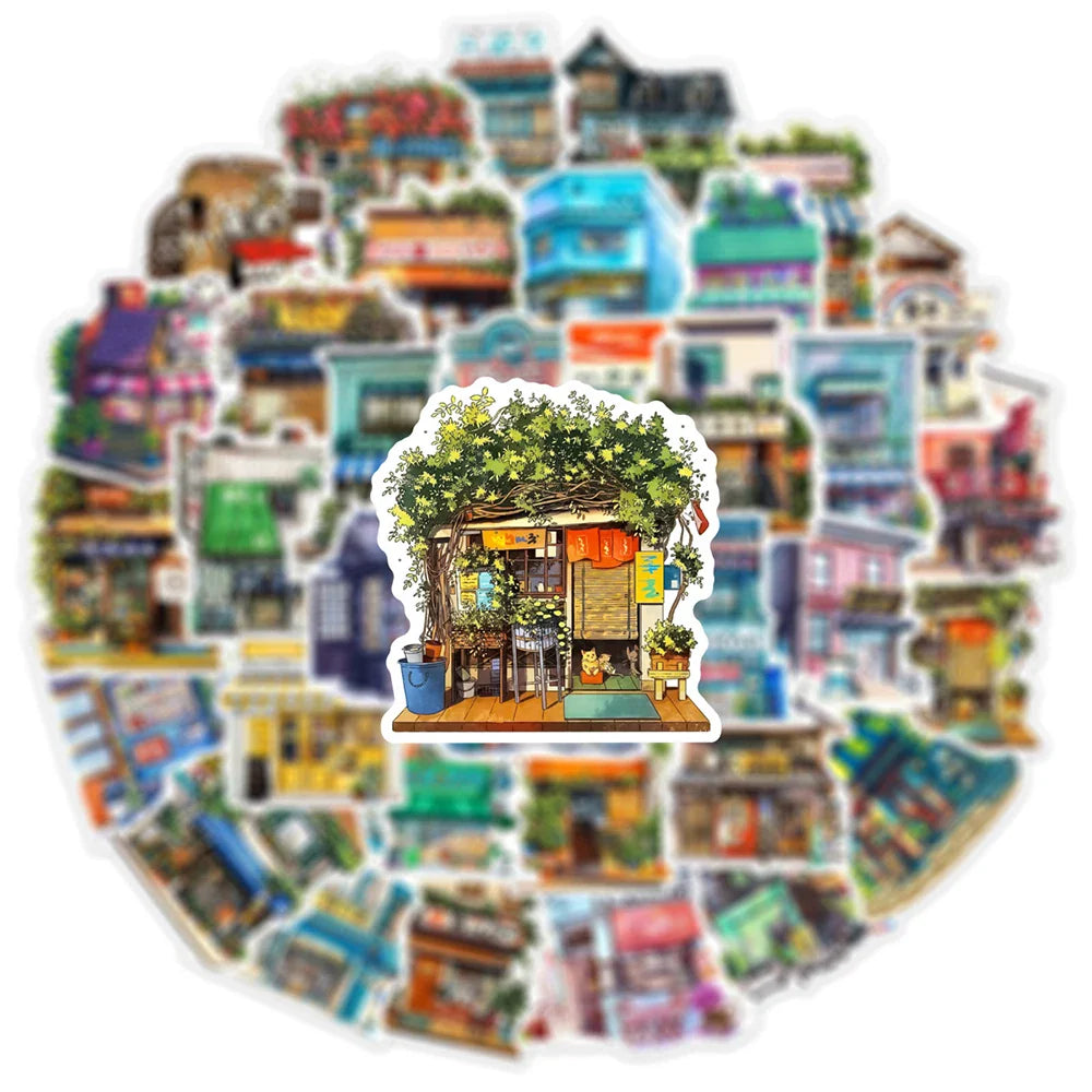 10/30/50PCS Japanese Store Stickers Aesthetic Flower House Cartoon Decals DIY Scrapbooking Stationery Phone Guitar Toys Sticker (Online Order Only)