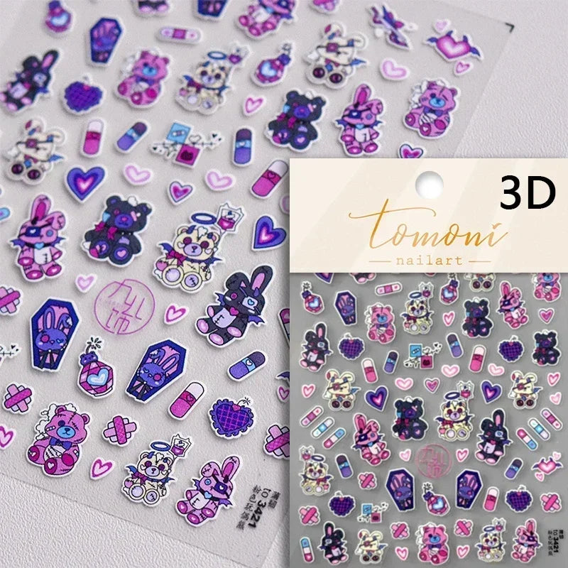 Retro Black Line Skull Man Woman 5D Embossed Relief Self Adhesive Nail Art Sticker Bear Bunny Hand Bird Horror 3D Manicure Decal (Online Order Only)