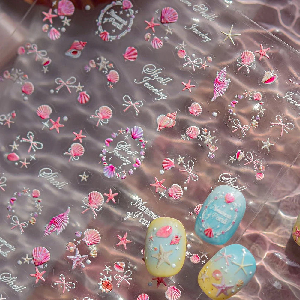 Pink Star Oceanic Shell Starfish Conch Bowknot Embossment Shiny Delicate 5D Chic Self Adhesive Nail Art Stickers Manicure Decals (Online Order Only)