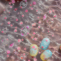 Pink Star Oceanic Shell Starfish Conch Bowknot Embossment Shiny Delicate 5D Chic Self Adhesive Nail Art Stickers Manicure Decals (Online Order Only)