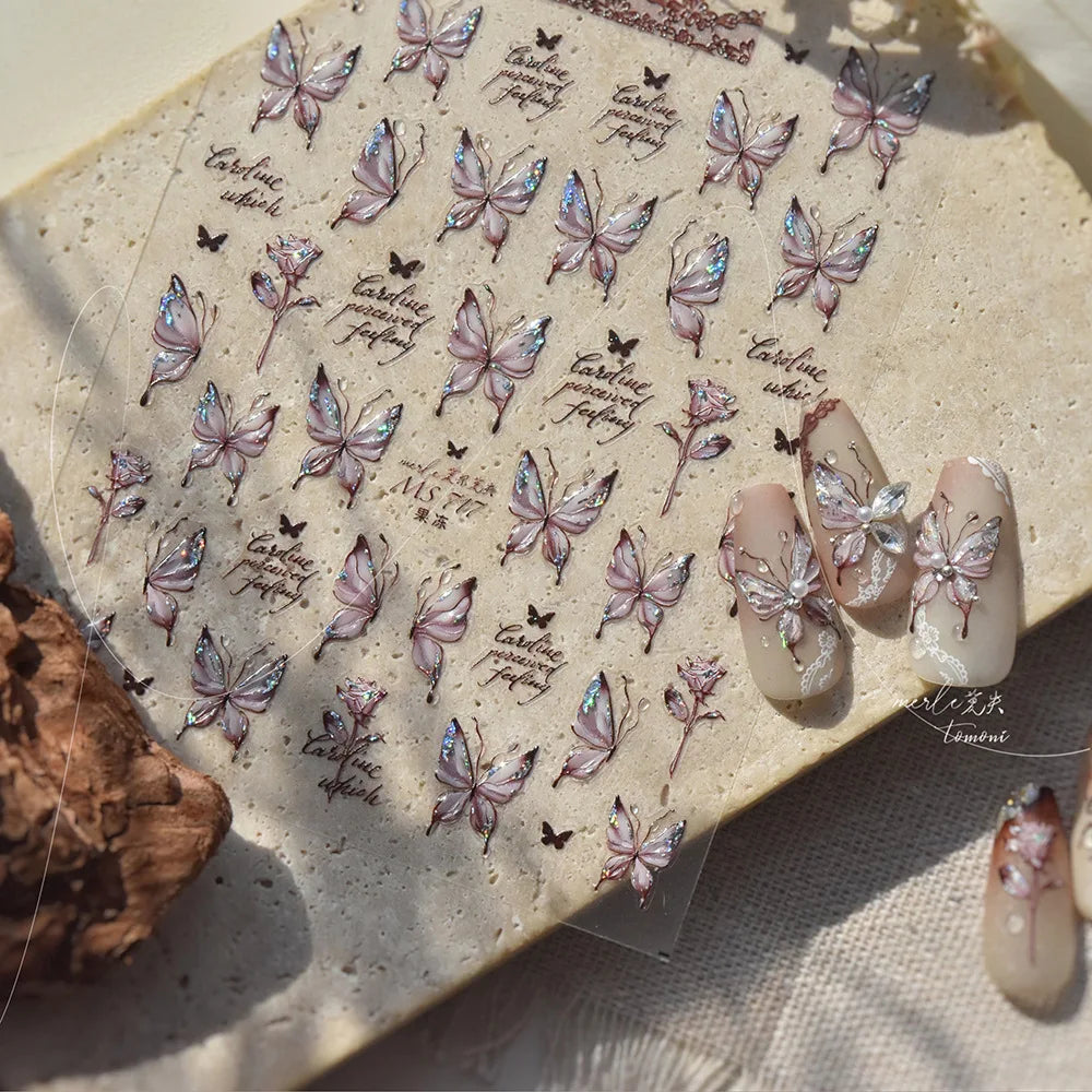 Butterfly Rose Laser Jelly Hot Stamping Lace Letter Flower Love Heart Bowknot 5D Self Adhesive Nail Art Stickers Manicure Decals (ONLINE ORDER ONLY)
