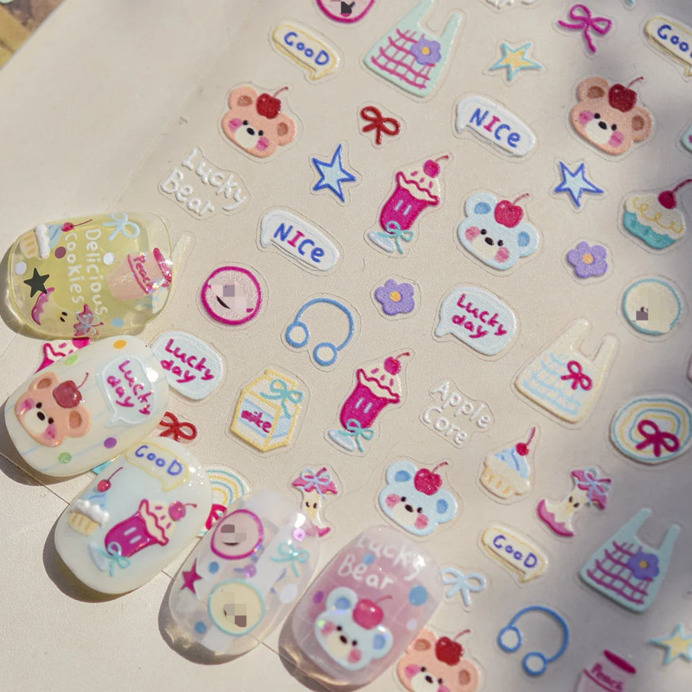 Bear Bowknot Bag Dessert Apple Core Earphone Cup Tulip Cherry Milk Cake Cookies Flower Adhesive Nail Art Stickers Manicure Decal (ONLINE ORDER ONLY)