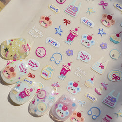 Bear Bowknot Bag Dessert Apple Core Earphone Cup Tulip Cherry Milk Cake Cookies Flower Adhesive Nail Art Stickers Manicure Decal (ONLINE ORDER ONLY)