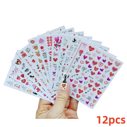 12Pcs 3D Golden Red Glitter Heart Love Nail Sticker Valentine Self Adhesive Cartoon Decal Geometry Lines Stripe Slider Manicure* (ONLINE ORDER ONLY)