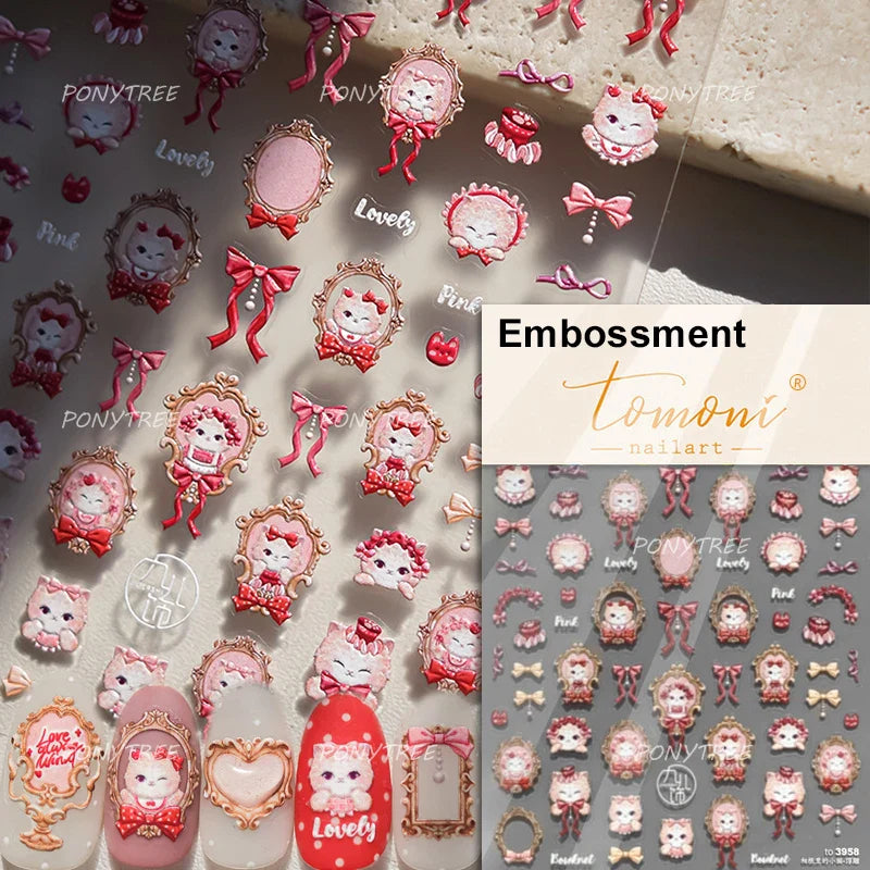 Picnic Cat Kitten Bowknot Flower Fish Butterfly Tree Mushroom Star Moon Cat's Paw Adhesive Nail Art Sticker Cute Manicure Decals (Online Order Only)