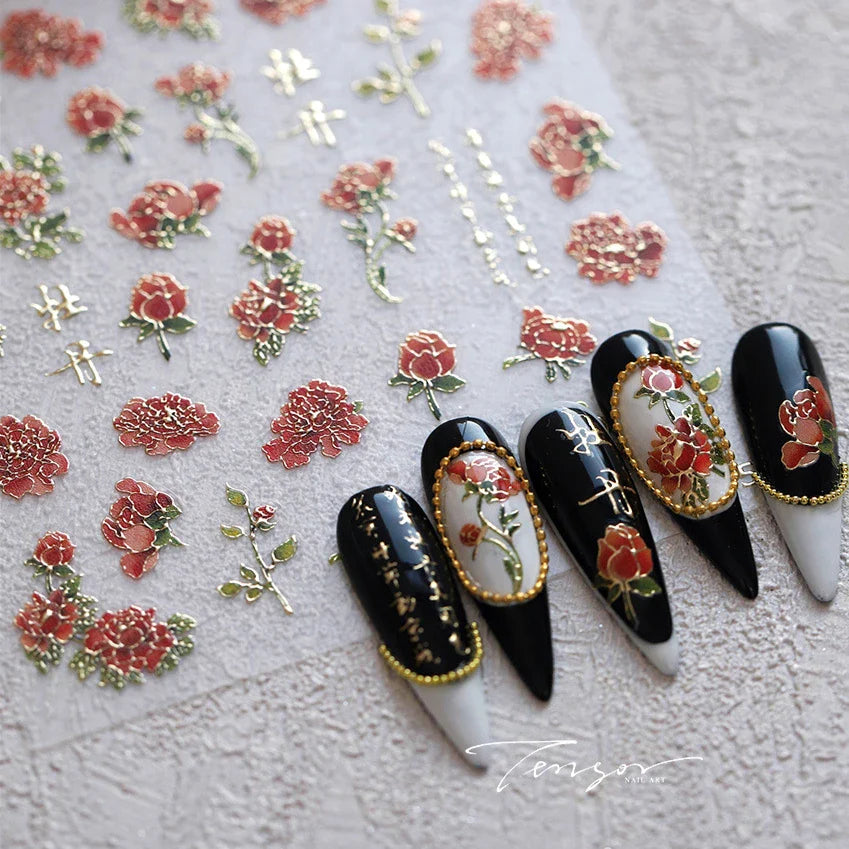 Retro Chinese Characters Charming Rich Peony Delicate Rose Flowers Soft Relief Adhesive Nail Art Stickers Chic Manicure Decals (ONLINE ORDER ONLY)