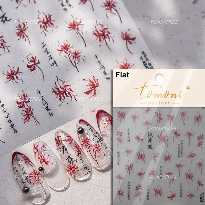 Pink Cherry Blossoms Peach Flower Petal Green Leaf Greenery 5D Embossed Relief Self Adhesive Nail Art Sticker 3D Manicure Decals (ONLINE ORDER ONLY)