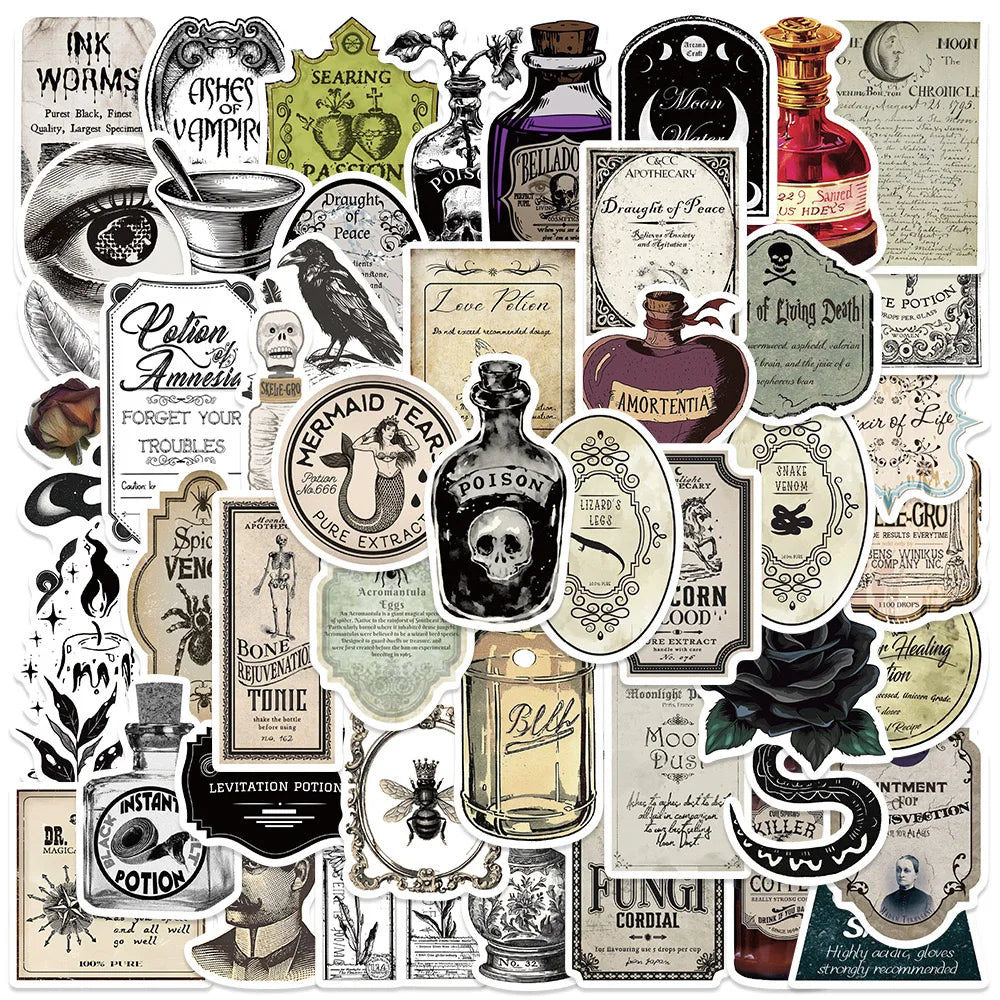 10/50/100pcs Halloween Vintage Potion  Bottle Labels Stickers Retro Horror Gothic Decals Suitcase Scrapbooking Laptop Sticker (ONLINE ORDER ONLY)