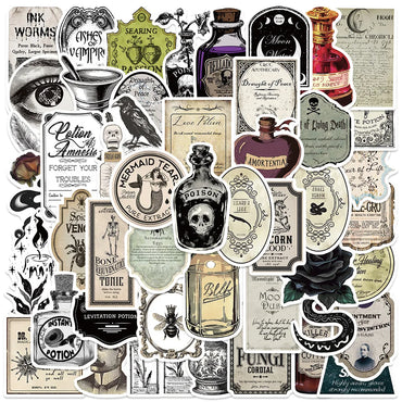 10/50/100pcs Halloween Vintage Potion  Bottle Labels Stickers Retro Horror Gothic Decals Suitcase Scrapbooking Laptop Sticker (ONLINE ORDER ONLY)