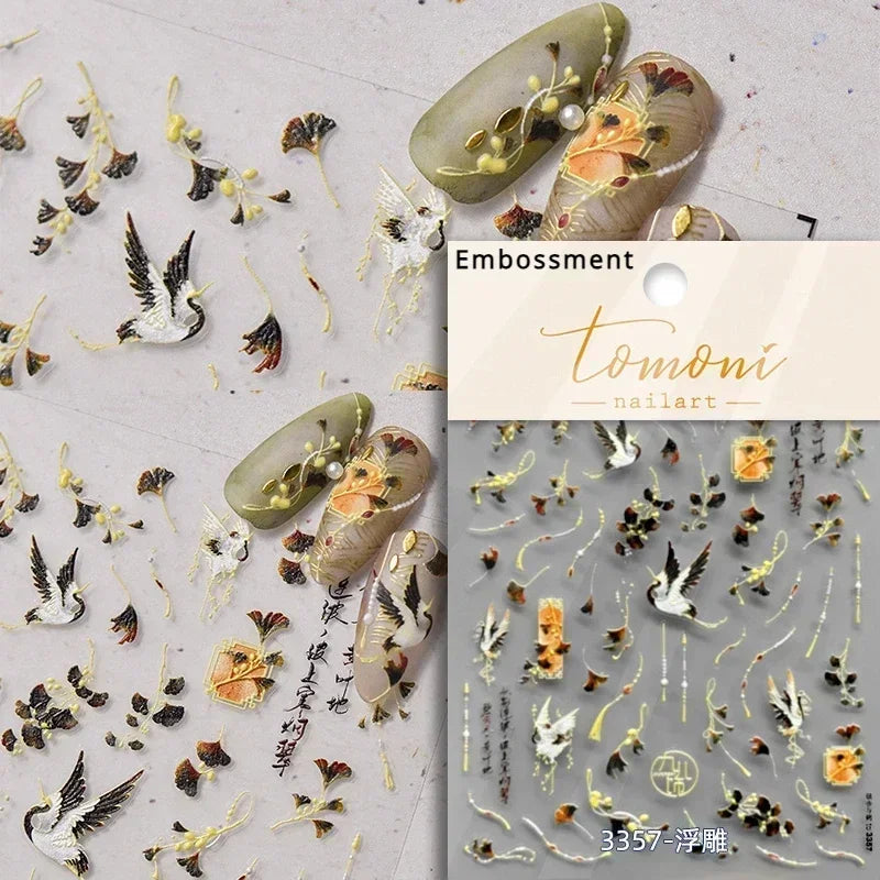 Autumn Fall Maple Leaves Ginkgo Leaf Osmanthus Chrysanthemums Rabbit Bunny Plant Flower Relief Nail Art Sticker Decoration Decal (ONLINE ORDER ONLY)
