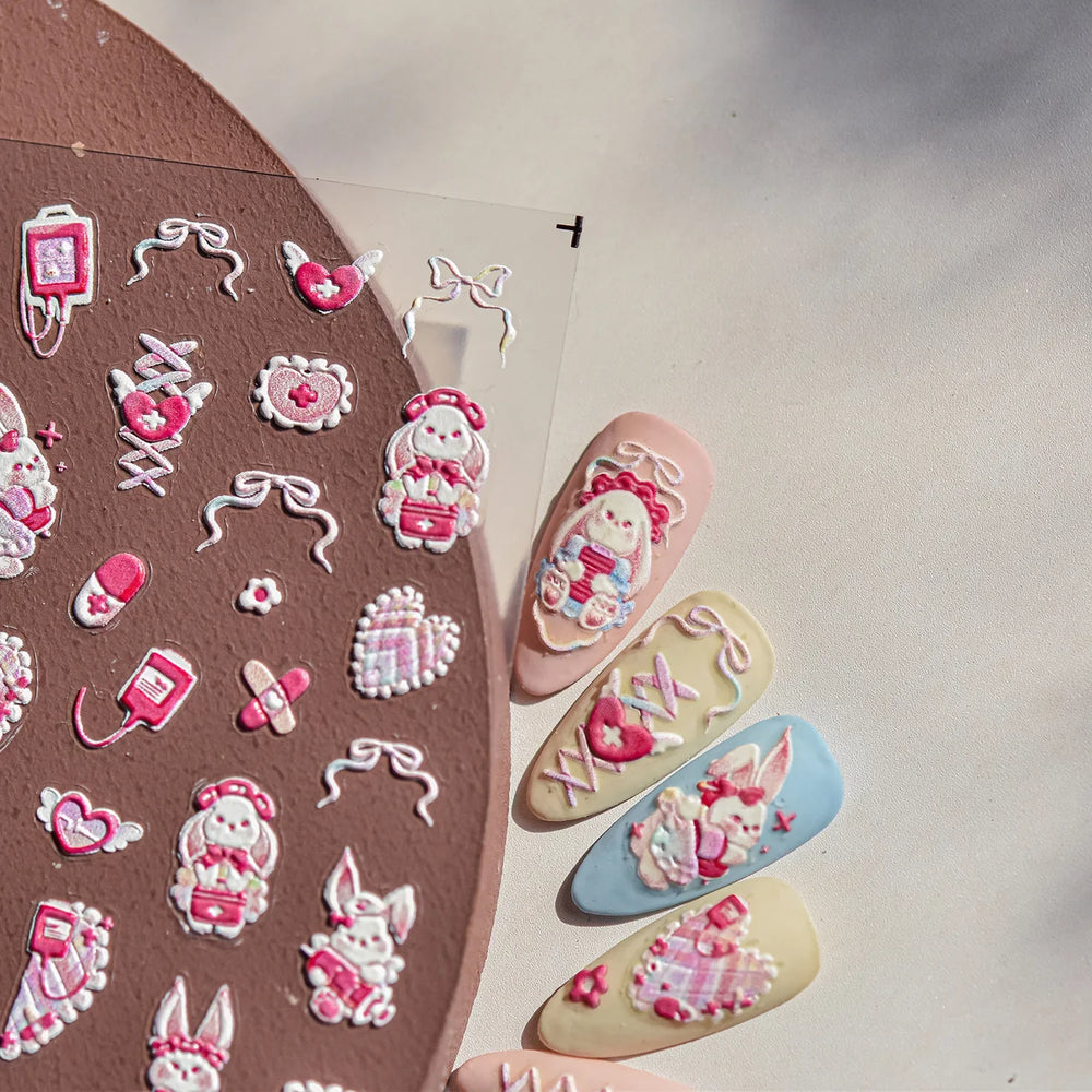 Bunny Love Heart Rabbit Nurse Cut Wound Bowknot Pill Flower Medicine Treatment Self Adhesive Nail Art Stickers Manicure Decals (ONLINE ORDER ONLY)