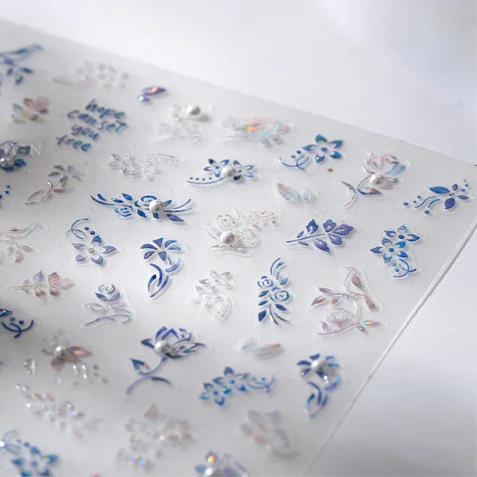 Blue Flower Vivid Bird Hope Can Set You Free Magpie Leaf Pearl Letter Adhesive Nail Art Sticker Aesthetic Beauty Manicure Decal (ONLINE ORDER ONLY)