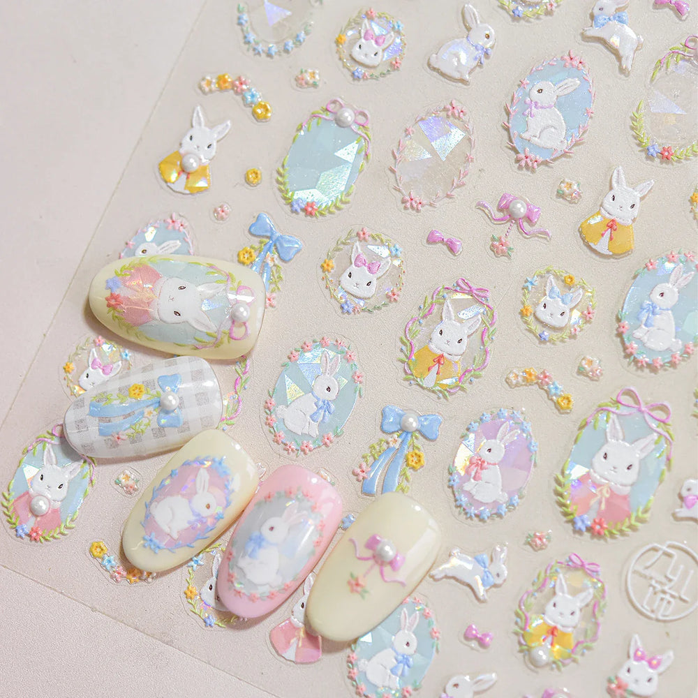 Flower Garland Lovely Bunny Rabbit Floral Wreath Bowknot Frame Spring Charm Heart 5D Adhesive Nail Art Stickers Manicure Decals (ONLINE ORDER ONLY)
